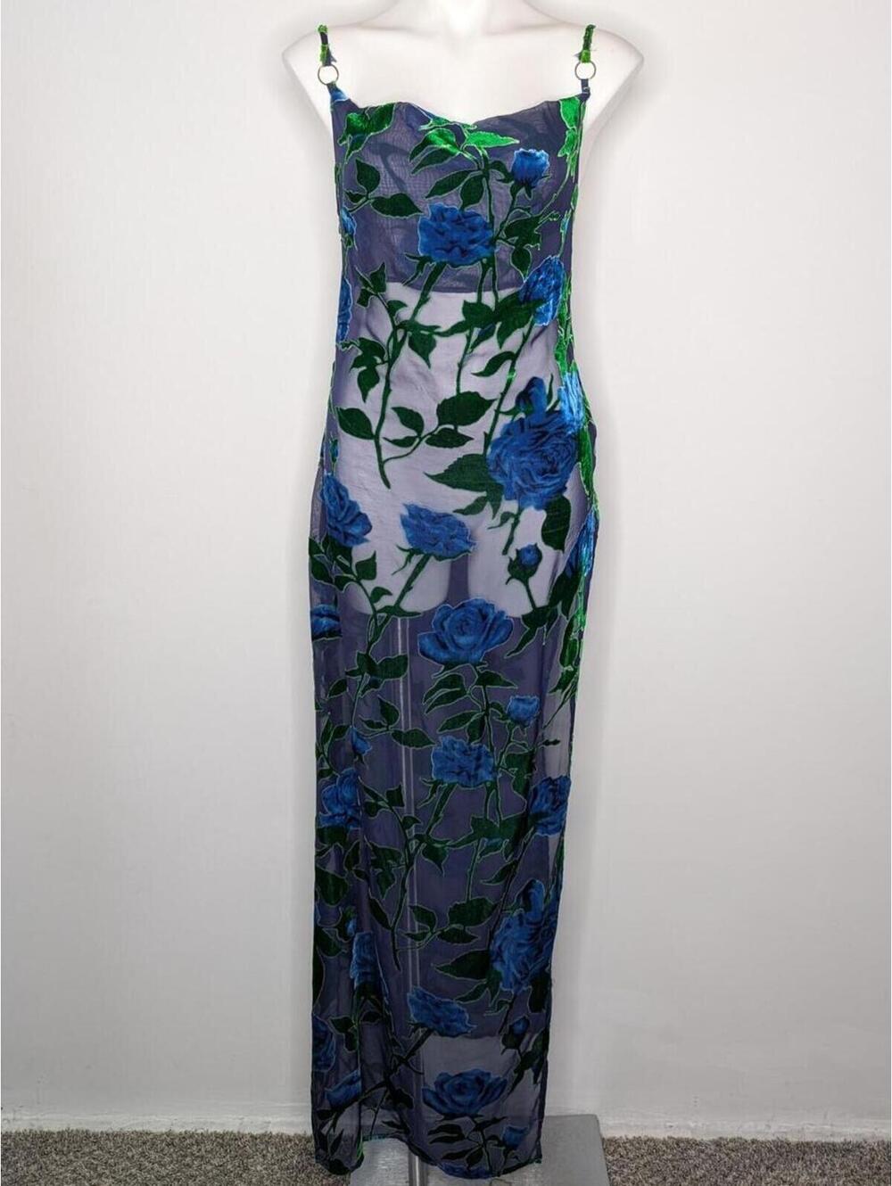 PrettyLittleThing Blue Floral Burnout Velvet High Slit Maxi Dress 6